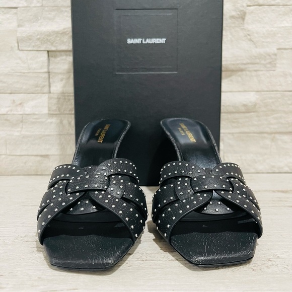 Saint Laurent Tribute Crackle Effect w/Studs Black Leather Stiletto Sandals Sz41 - Picture 5 of 16